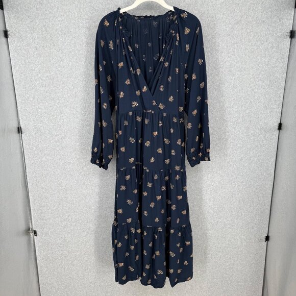 Madewell Challis Midi Dress Size M Deep Indigo Tiered Peasant Prairie Pockets - Picture 1 of 14